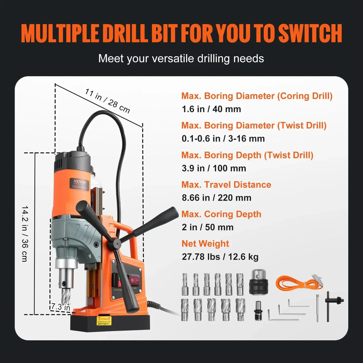 Magnetic Drill 1450W 1.57" 12500N Portable Electric Mag Drill Press Variable Speed Drilling Machine for  Home Improvement