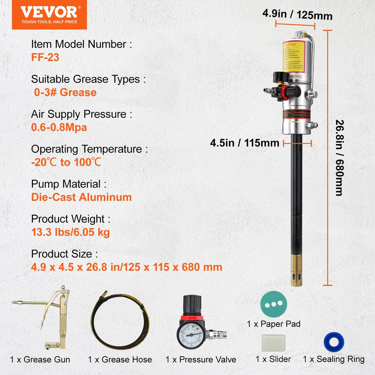 Grease Pump, 50:1 Pressure Ratio Air Operated Grease Pump w/13 ft High Pressure Hose and Grease Gun, Pneumatic Grease Pump