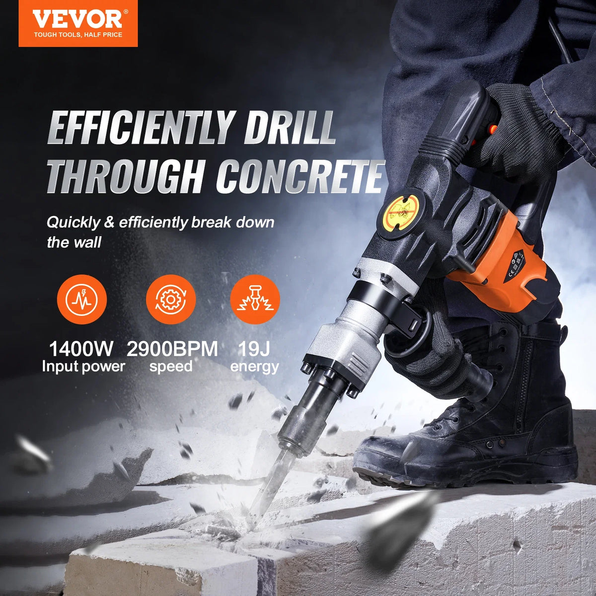 Demolition Jack Hammer 1400W Electric Jackhammer Heavy Duty 2900 BPM Concrete Breaker 2pcs Chisels Bits Chipping with Case