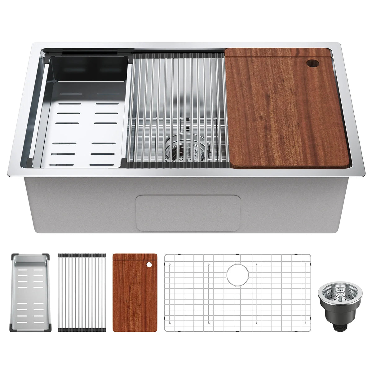 25-32inch Stainless Steel Kitchen Sink Undermount Single Bowl Workstation Step Sink with Cutting Board and Basket Strainer