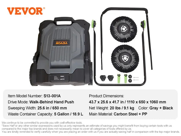 Walk-behind Hand Push Floor Sweeper 25.6" Sweeping Width Floor Sweeper 5-Gallon Waste Container Angle & Height Adjustable