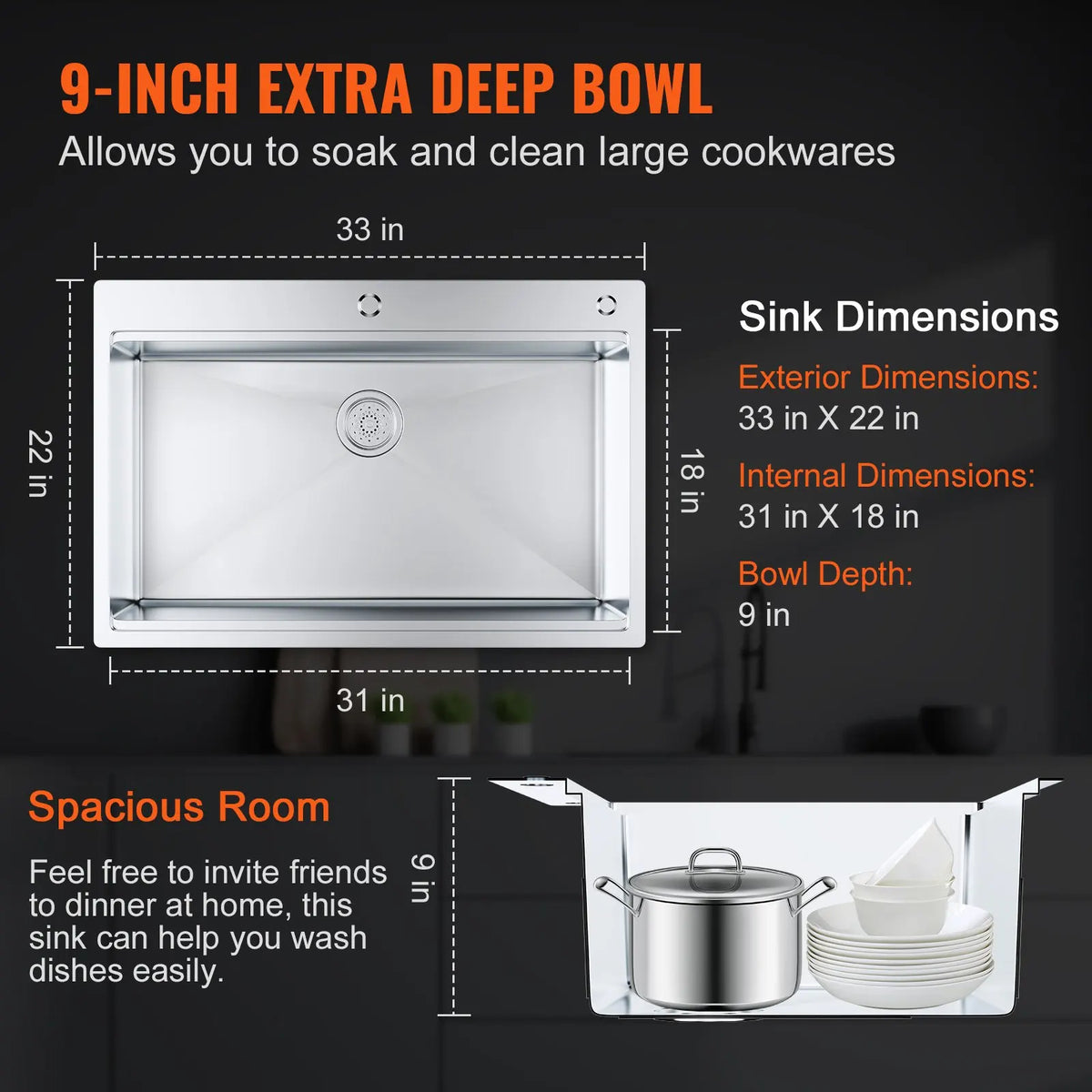 Kitchen Sink 304 Stainless Steel Drop-In Sinks,Top Mount Single Bowl Basin Household Dishwasher Sinks for RV Prep Kitchen