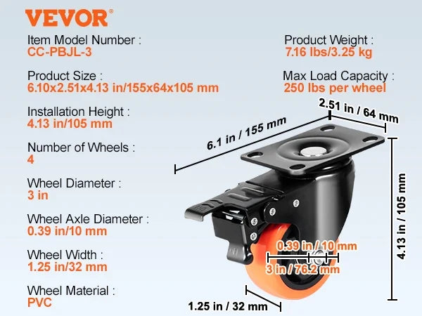 2/3/4/5/6-inch Swivel Plate Casters Set of 4 with Security Dual Locking PVC Caster Wheels for Cart Furniture Workbench