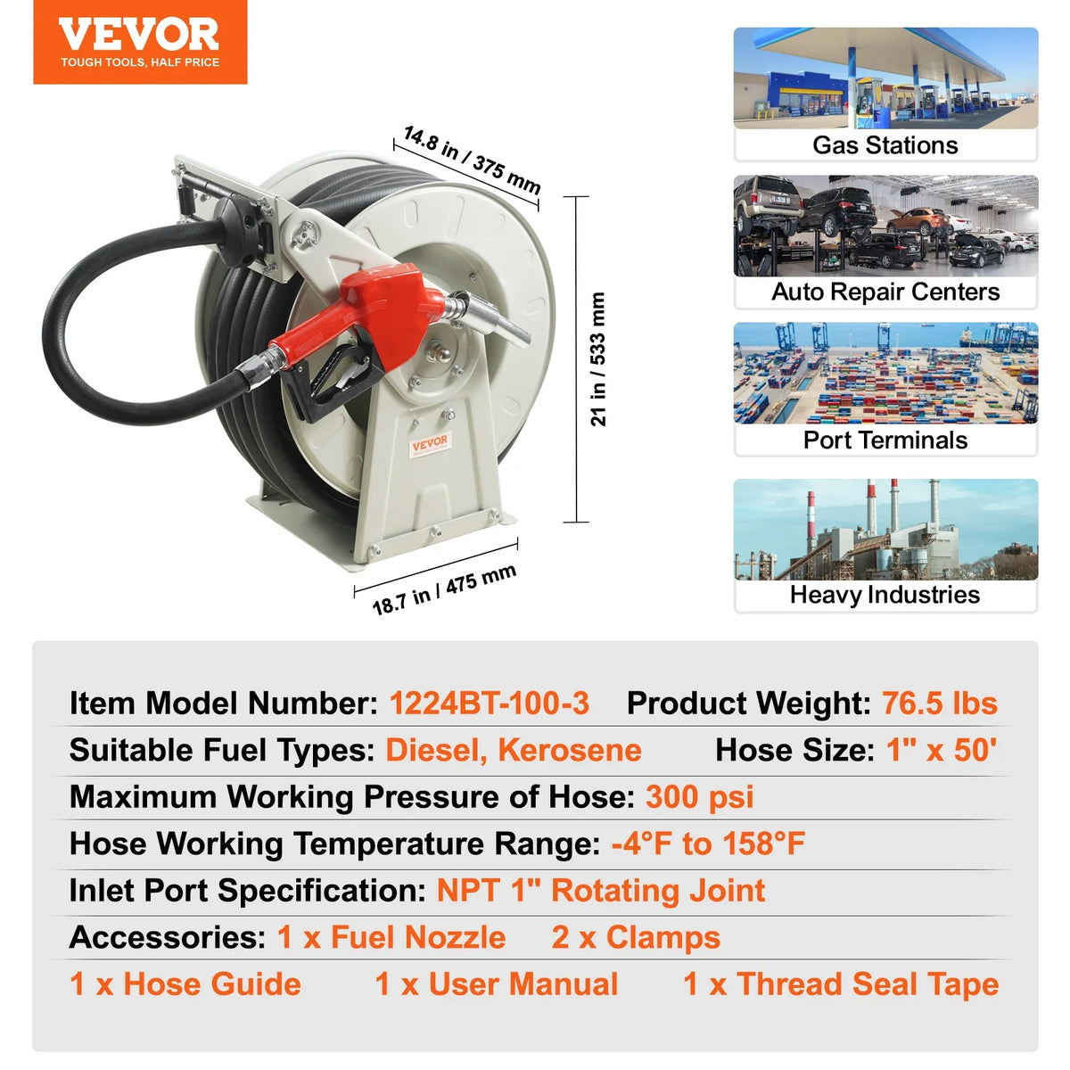 33/50/66ft Fuel Hose Reel Extra Long Retractable Spring Driven Auto Swivel Rewind for Auto Repair Heavy Industries