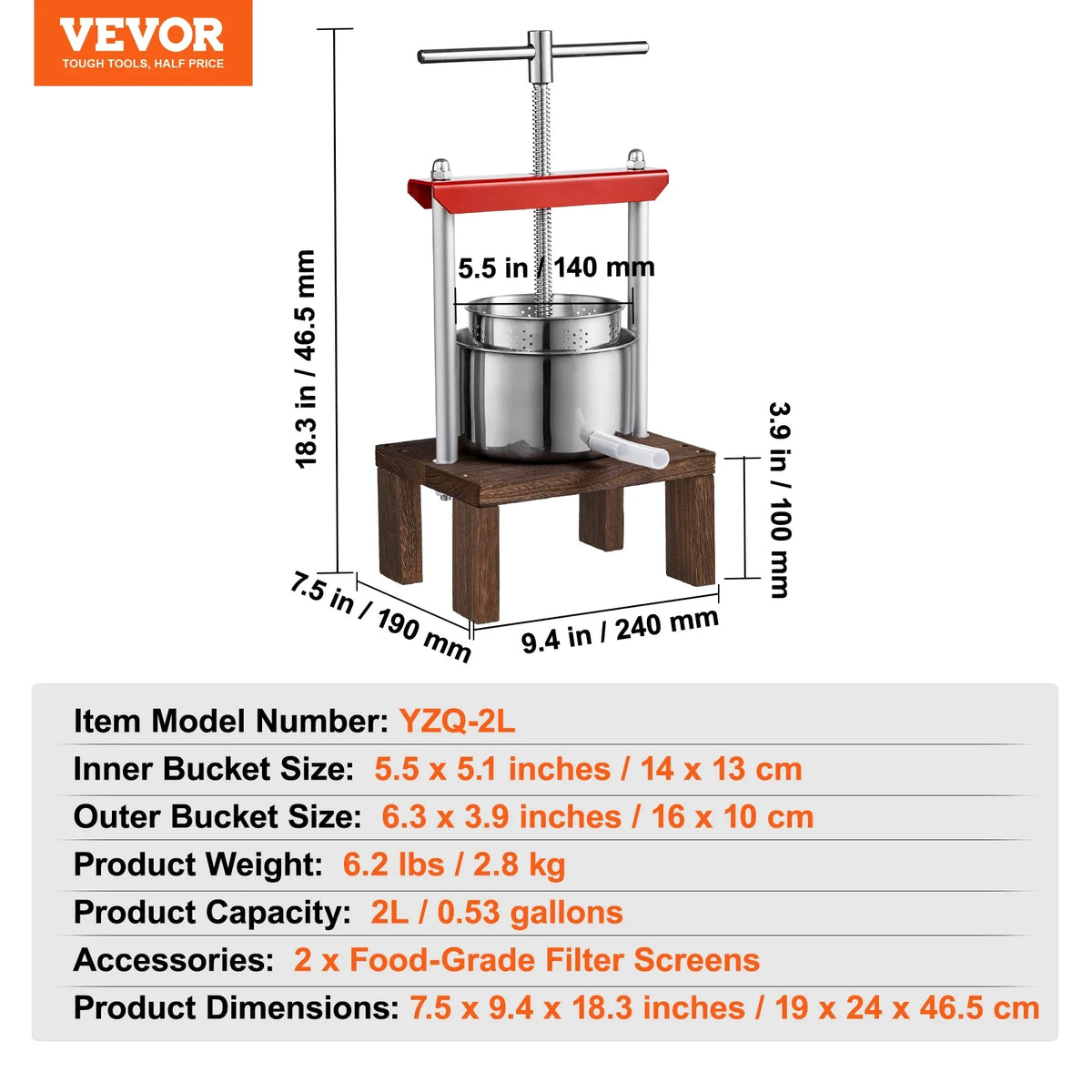 2L Orange Juicer Extractor Stainless Steel Household Manual Squeezer Fruit Tincture Wine Olive Pressing Kitchen Machine