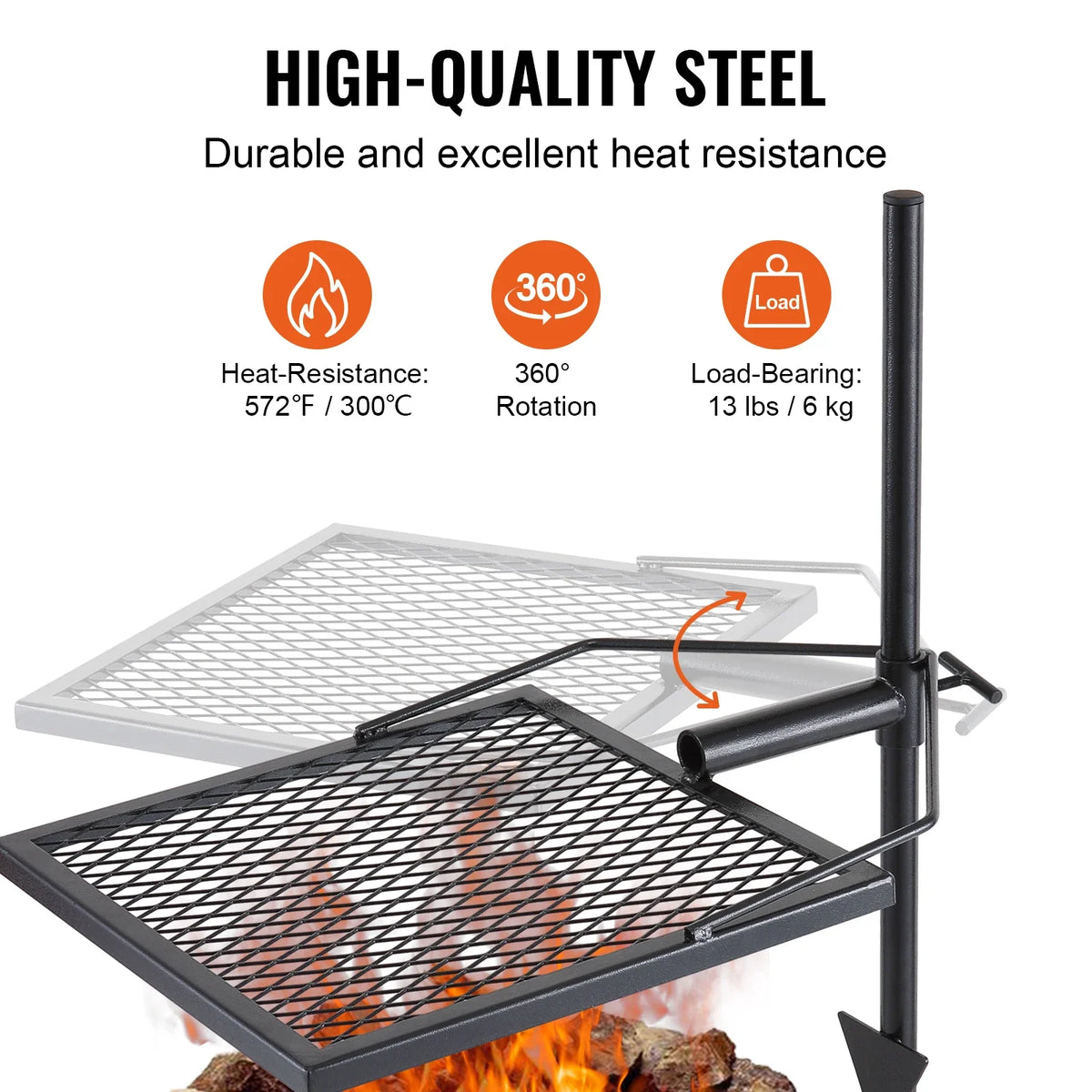 Swivel Campfire Grill, Portable Fire Pit Grill Grate,360° Adjustable Open Fire Outdoor Cooking Equipment, for Camping BBQ