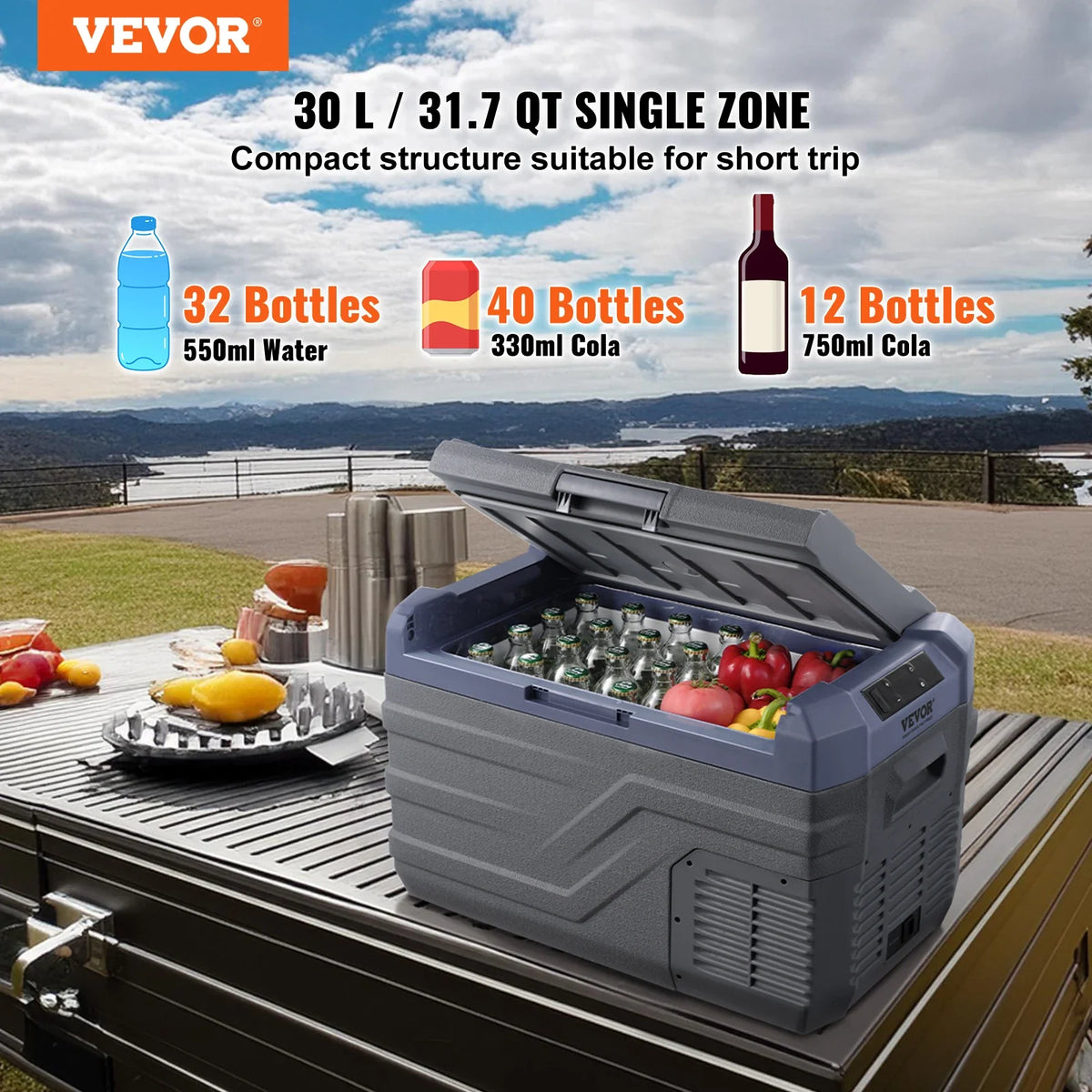 30L Car Refrigerator, 12V Car Fridge, Single Zone Portable Freezer, -4℉-68℉, 12/24V DC and 100-240V AC Compressor Cooler