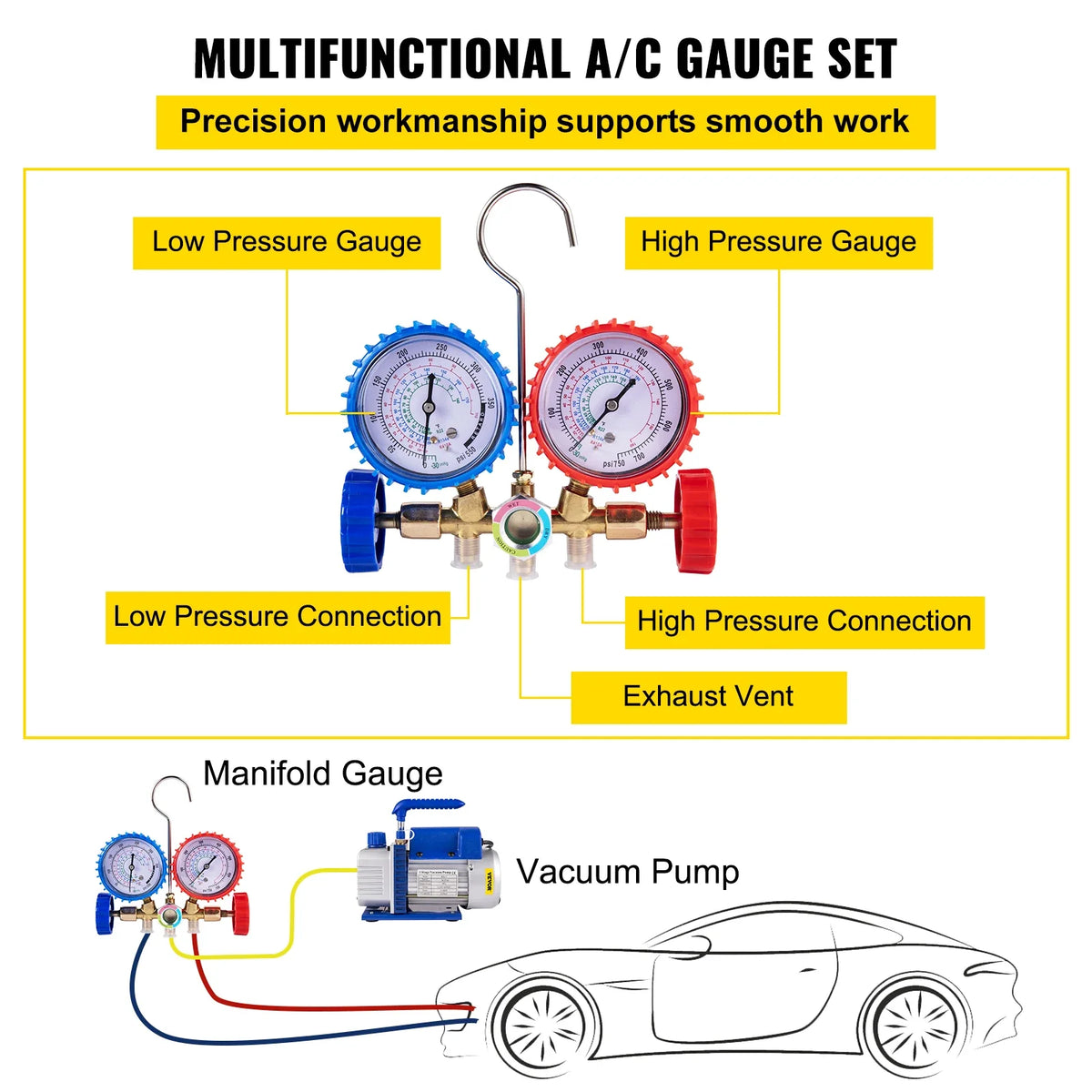 3CFM 1/4HP Single Stage Air Vacuum Pump HVAC R134a R12 R22 R410a A/C Refrigeration Kit AC Manifold Gauge R134 Can Tap