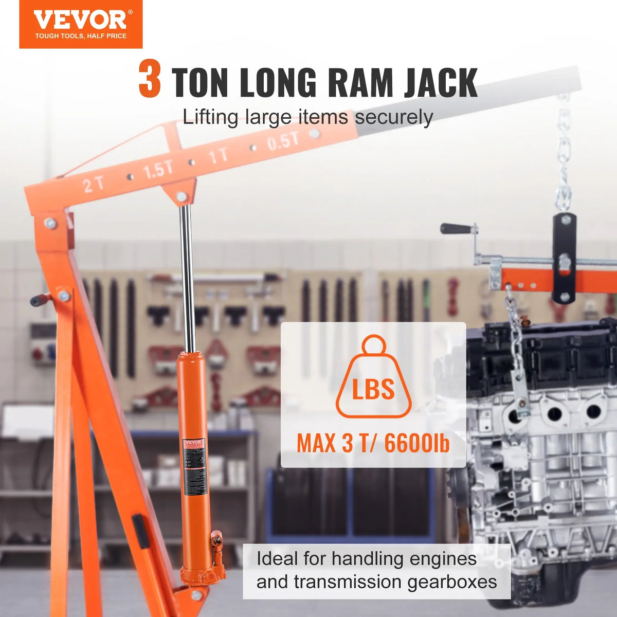 Hydraulic Long Ram Jack 3/8 Ton Engine Hoist Cylinder with Single Piston Pump And Clevis Base Hydraulic Ram Cylinder