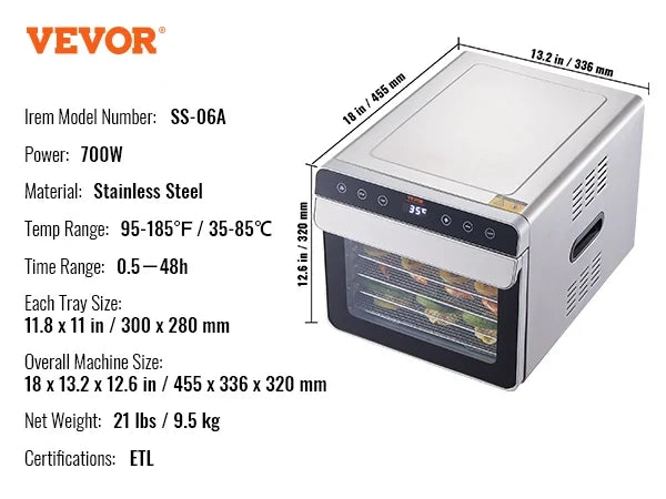 Food Dehydrator Machine 700W With Digital Timer Temperature Control 6 Trays Food Dehydrated Dryer for Jerky, Herb