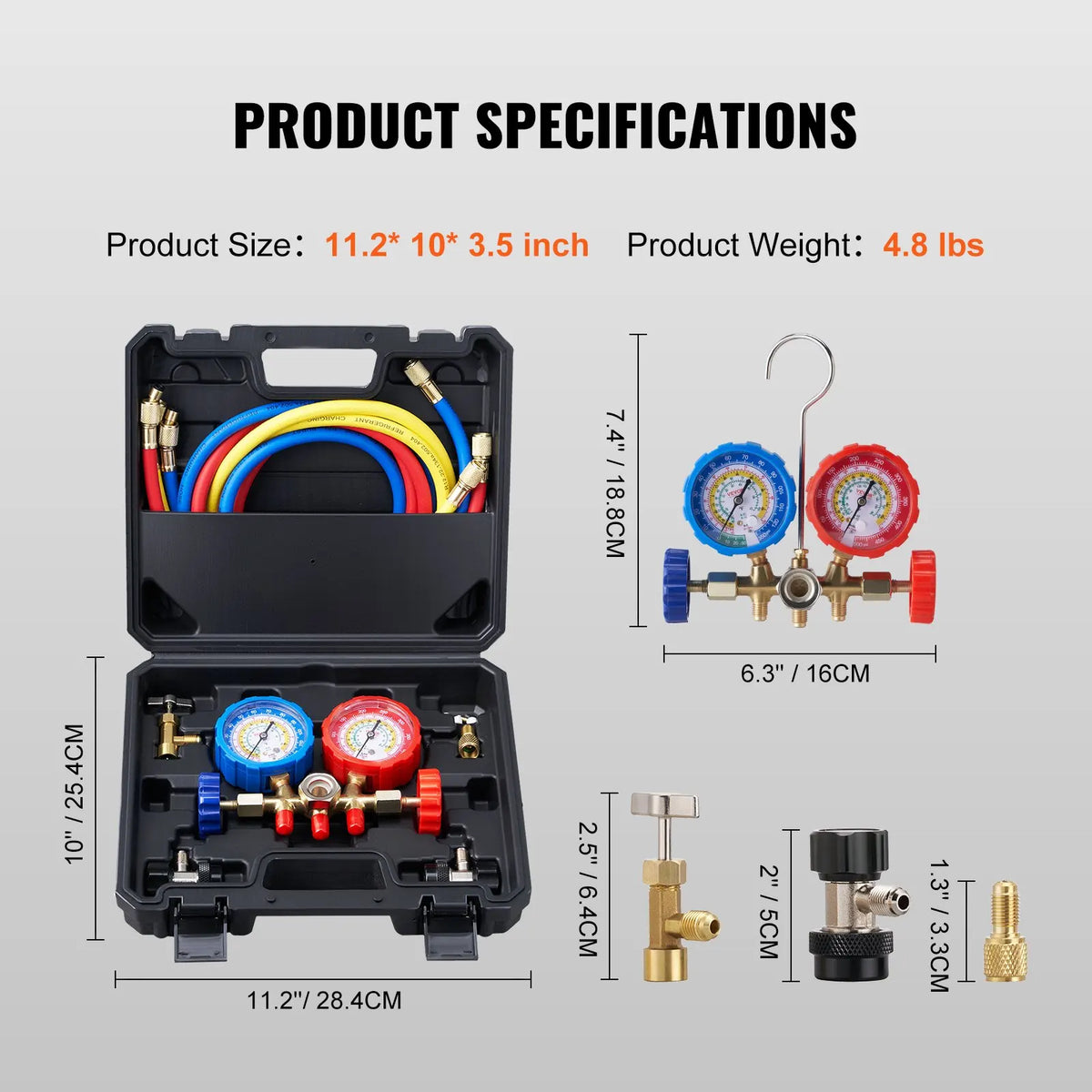 AC Gauge - AC Manifold Gauge Set for R134A R22 R12 R410A Refrigerant,Freon Gauges with 5ft Hoses, Couplers, Can Tap