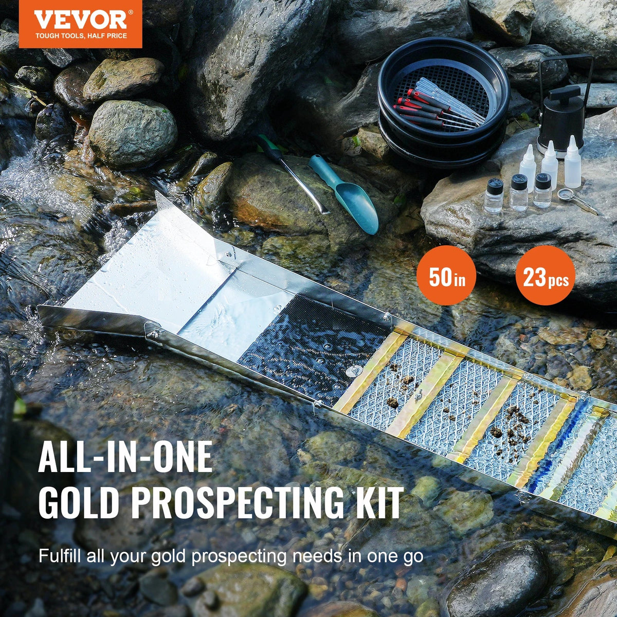 50" 12" Complete Sluice Box Gold Panning Kit Aluminum Alloy Gold Mining Equipment 23/16 PCS Gold Prospecting Kit