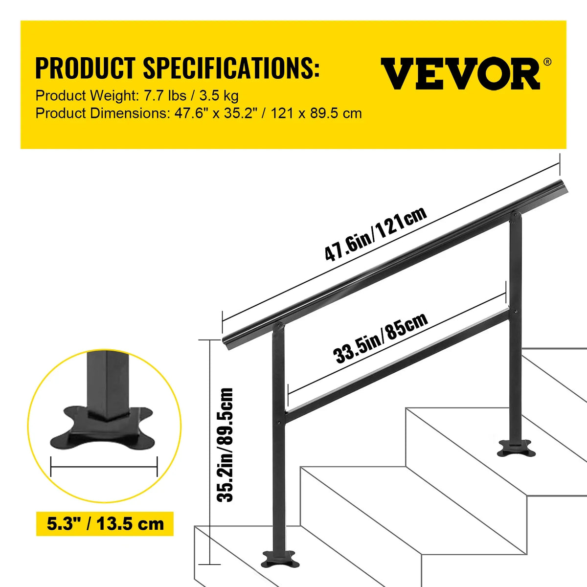 Outdoor Stairs Handrail Step Handrail Railing Fit 3-4 Steps Adjustable from 0 to 30 Degrees Handrail Stairs Railing Kits