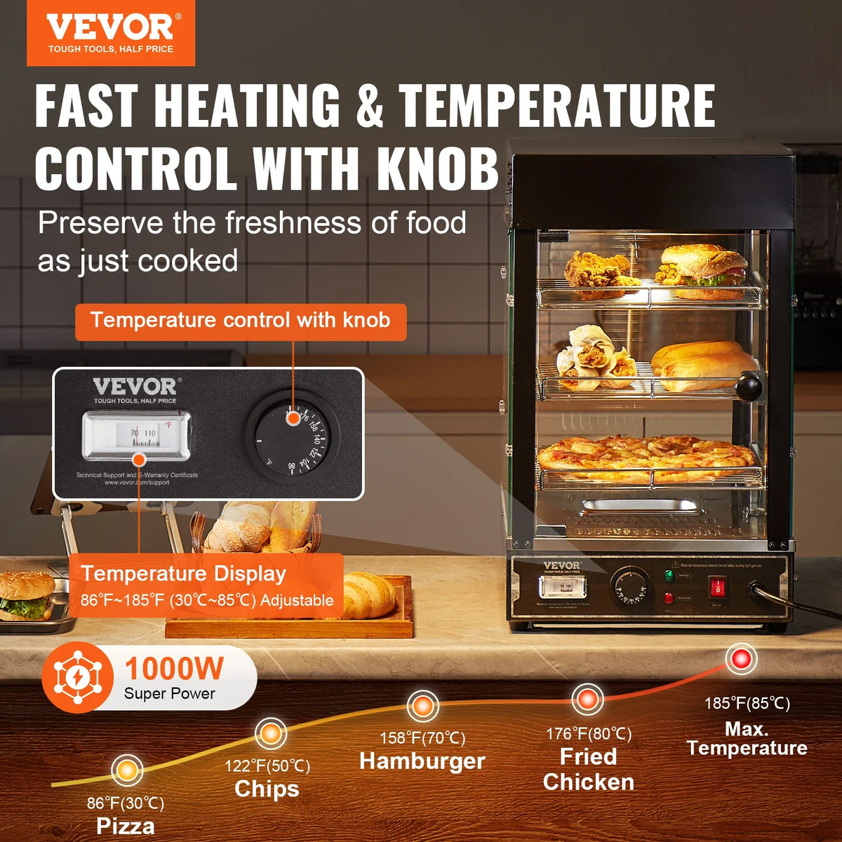 3-Tier Commercial Food Warmer Display, 1000W Food Display Warmer with Light, Adjustable Shelf and Temperature Display