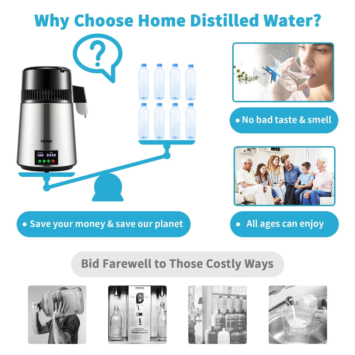 4L Water Distiller Purifier Filter 1 L/H Distilling Speed Dispenser Drinking Bottle Softener Touch Screen Home Appliance