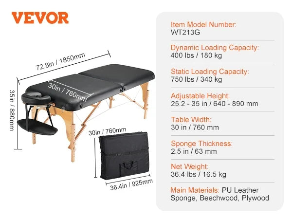 Professional Wide Massage Table 30" W Heavy Duty Folding Massage Table  8-Level Height Adjustable Facial Salon Tattoo Bed