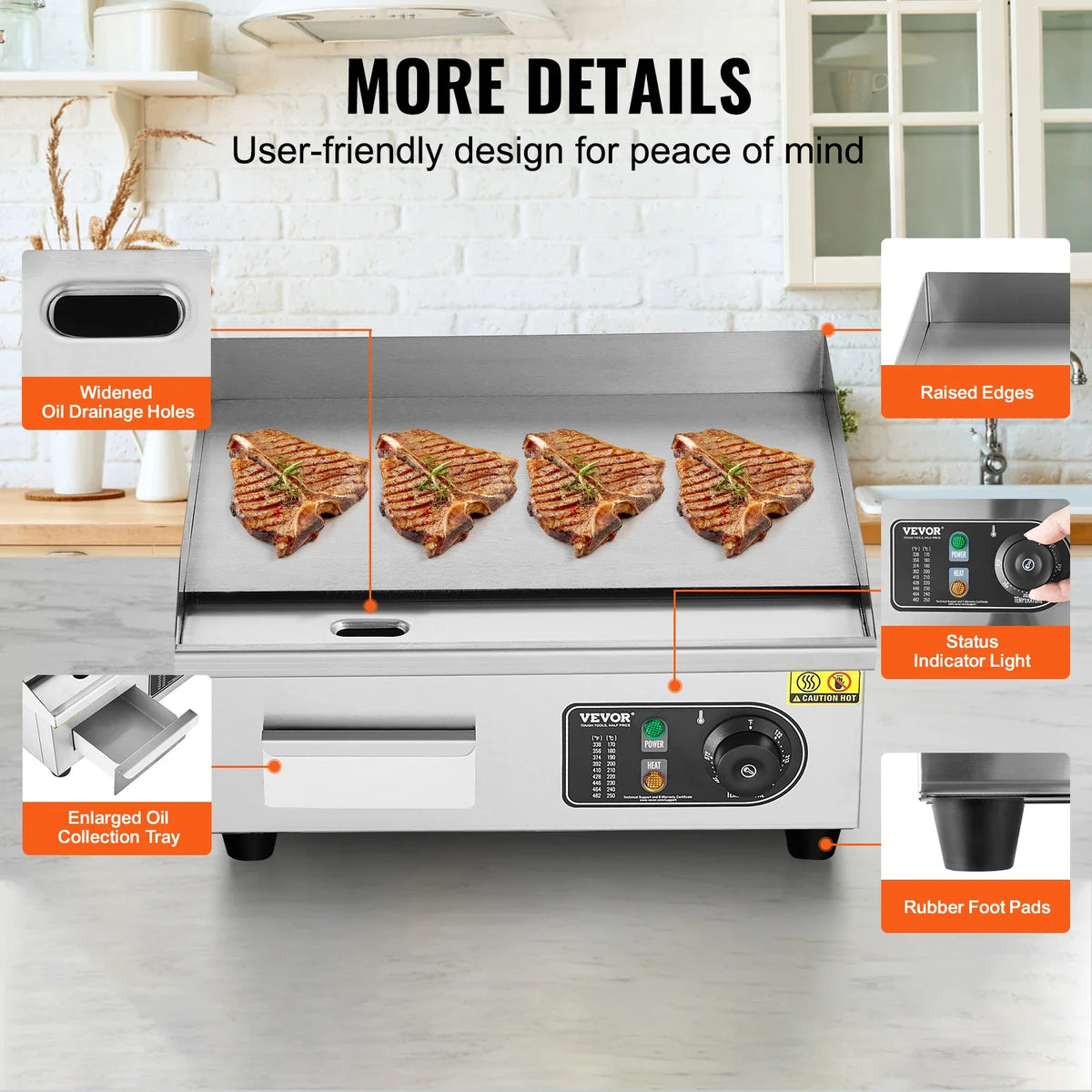 17.8In Commercial Electric Griddle, Countertop Flat Top Grill, 122℉-572 ℉ Adjustable Temp, Stainless Steel Griddle Grill