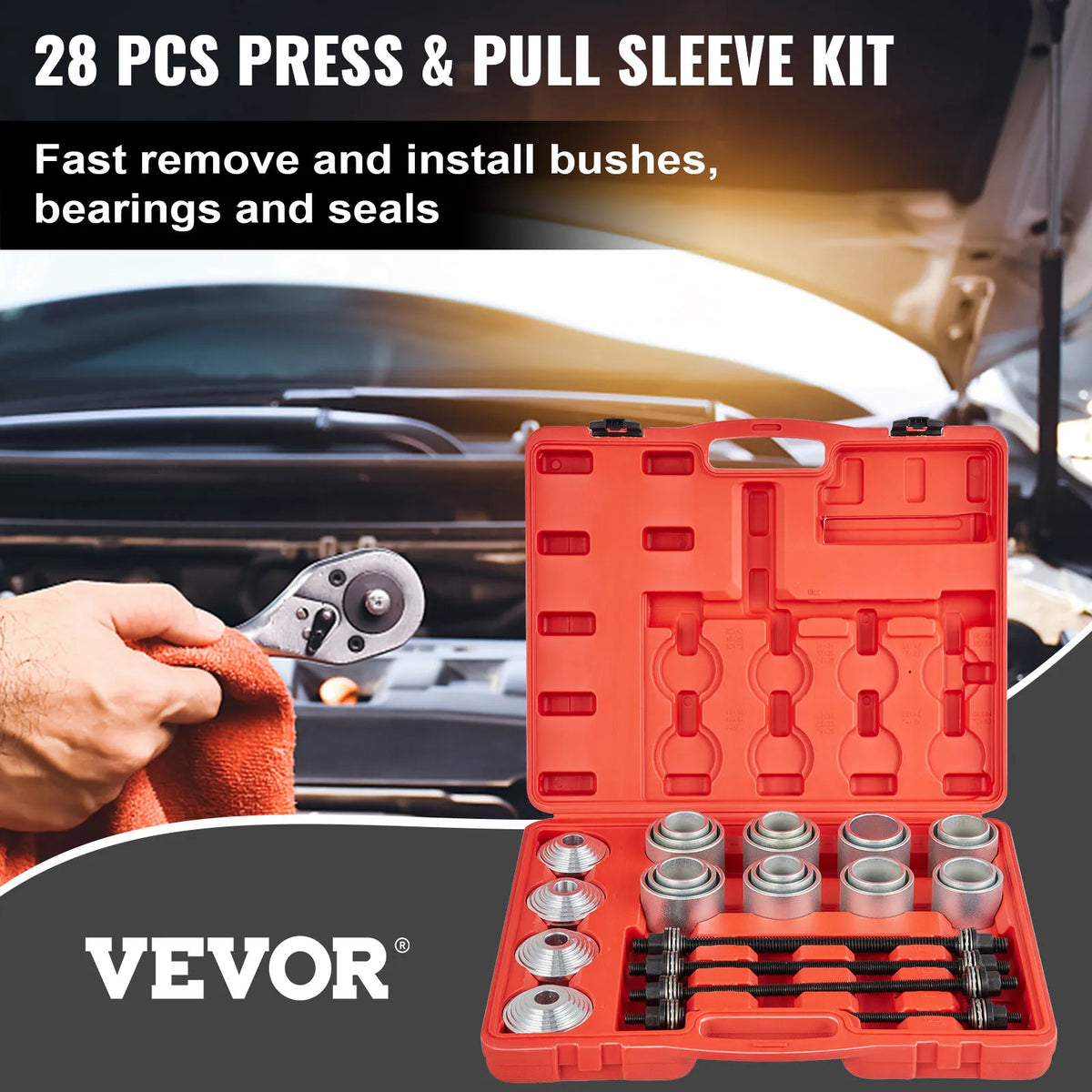 28pcs Pull and Press Sleeve Kit Removal Installation Bushes Bearing Tool for Cars and LCV HGV Engines Auto Maintenance Set