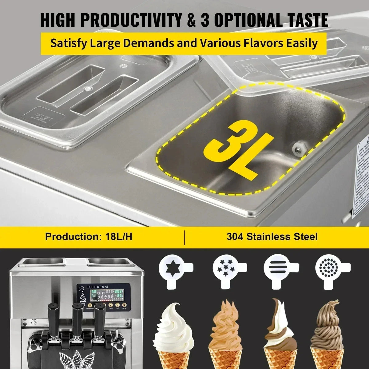 Ice Cream Machine 1200W A168 Panassonic  Compressor Ice Cream Maker 3Flavors Ice Cream Making Machine 4 Nozzles LCD Pannel