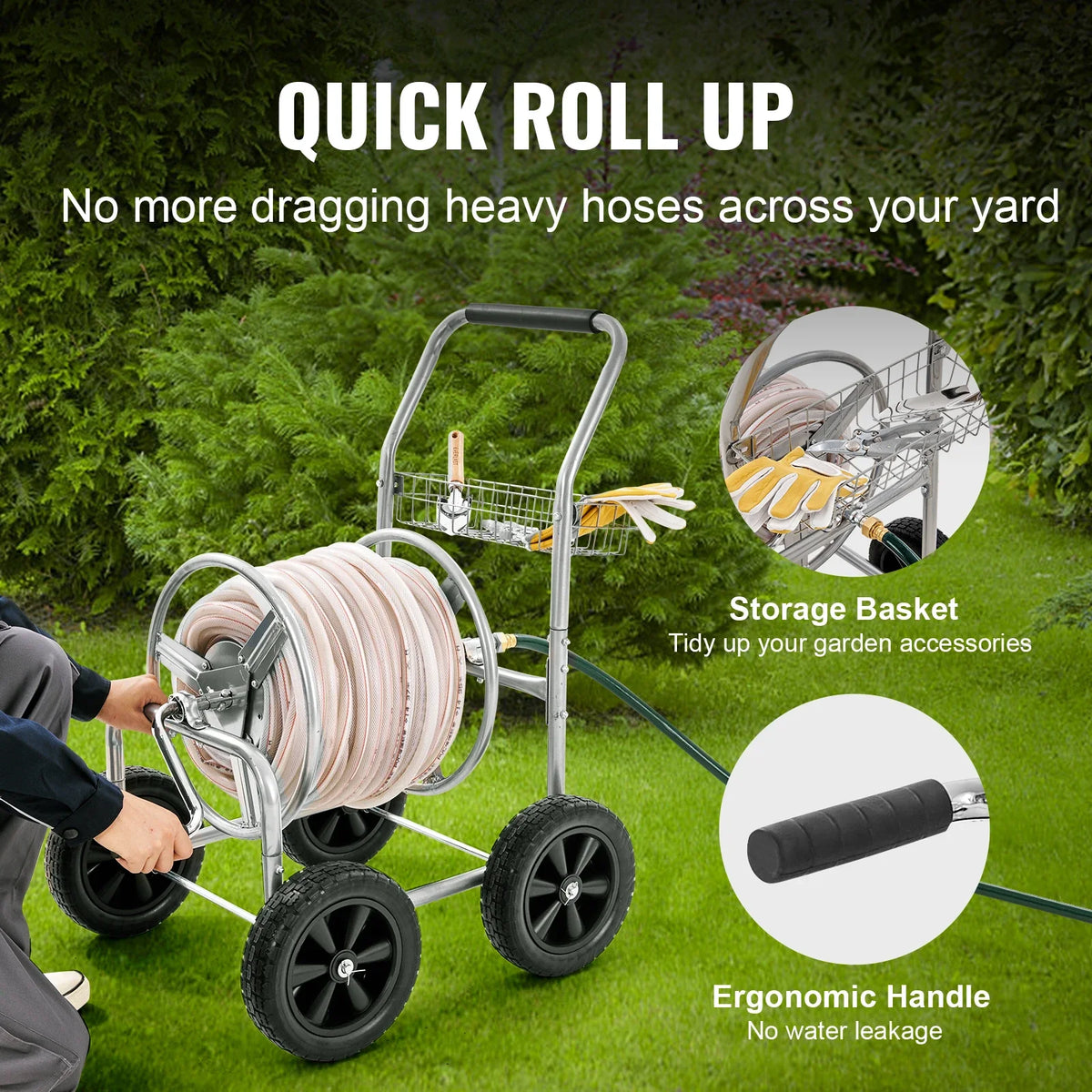 Hose Reel Cart300 ft 5/8’’ Hose Garden Water Hose Carts Mobile Tools  with Storage Basket for Garden Yard Lawn