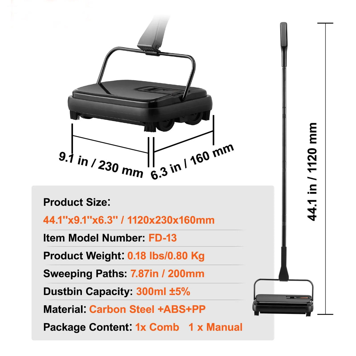 Carpet Sweeper 7.87 in Sweeping Paths, Floor Sweeper Manual Non Electric, 300 ml Dustbin Capacity with Comb