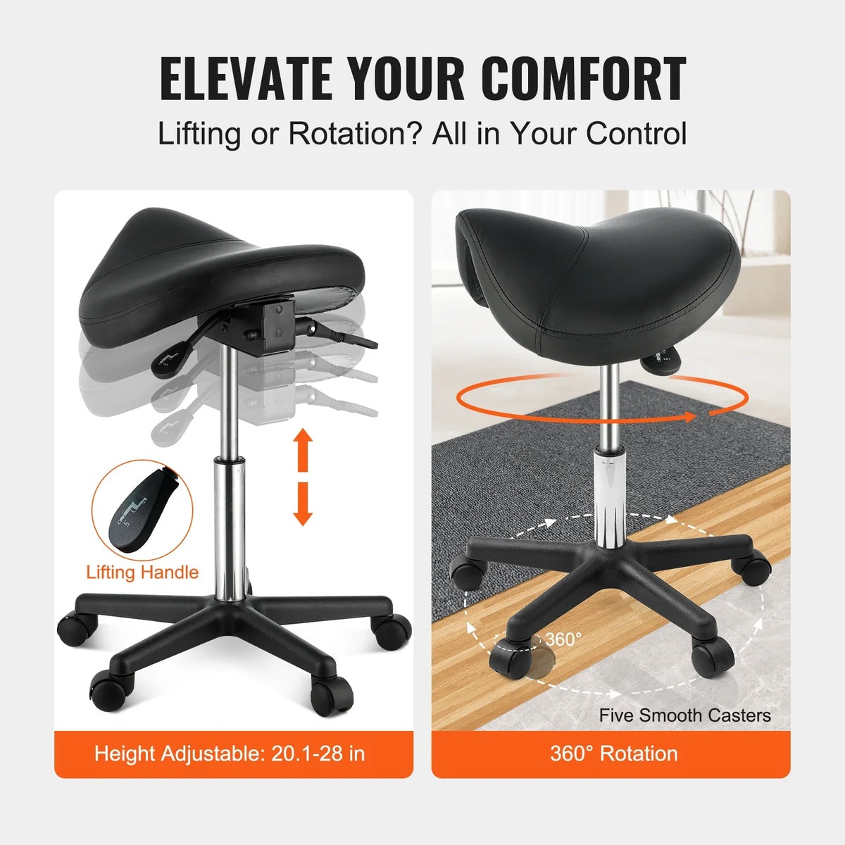 Ergonomic Saddle Stool with 5 Swivel Casters 360° Rotation 20.1-28 in Height Adjustable Round Stool for Bar Salon Office