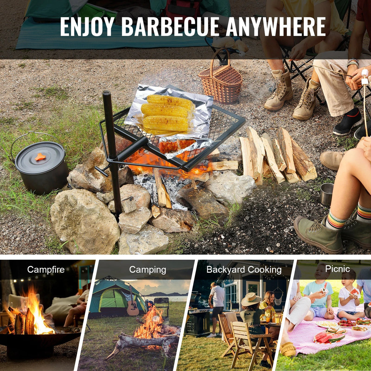 Swivel Campfire Grill, Portable Fire Pit Grill Grate,360° Adjustable Open Fire Outdoor Cooking Equipment, for Camping BBQ