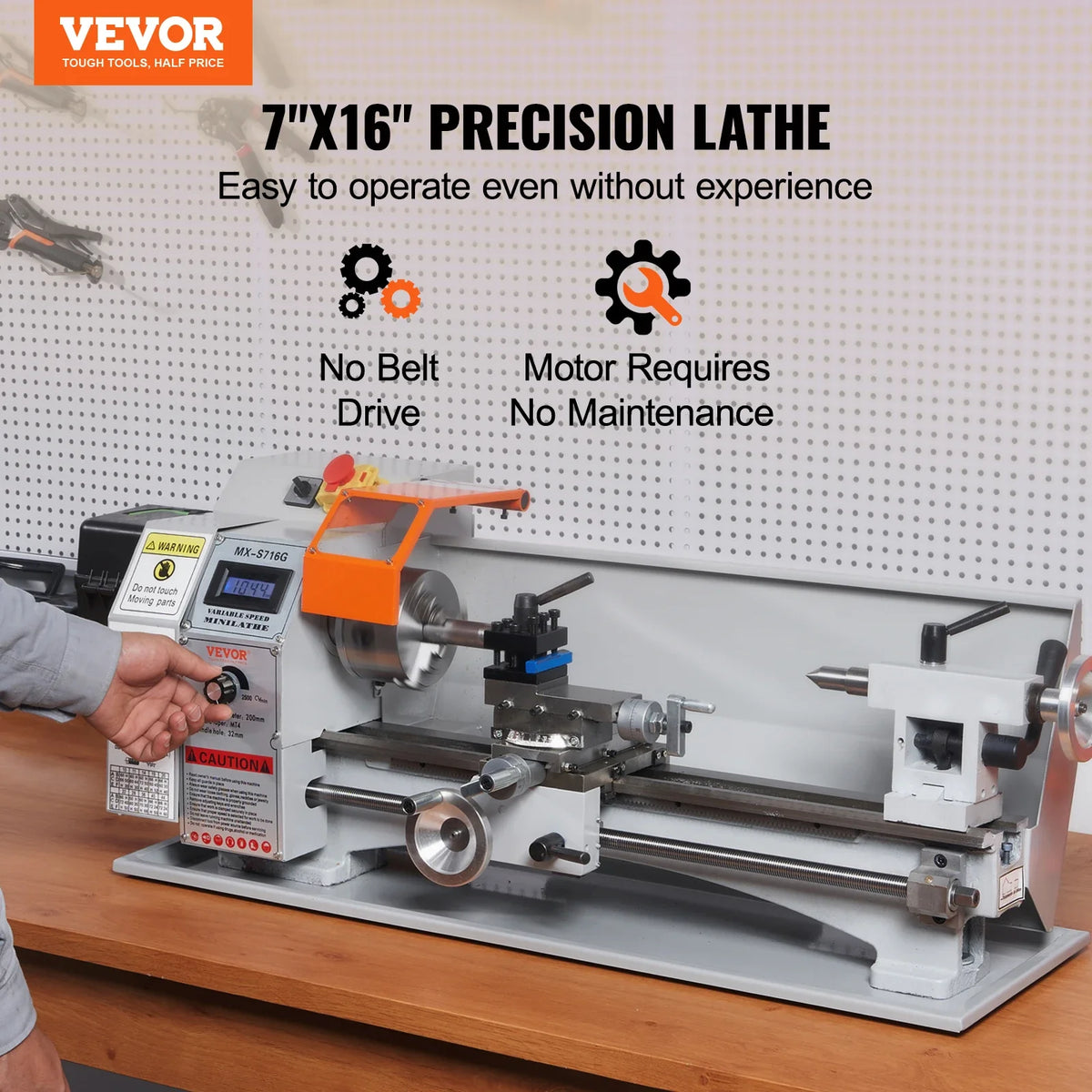 Metal Lathe, 7'' x 16'', 800W, Precision Desktop Metalworking Lathe, Variable Speed 150-2500 RPM,w/3-jaw Chuck & Tool Box
