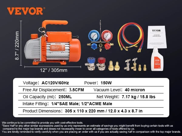 3.5/4.5CFM Single Stage Rotary Vane HVAC Air AC Vacuum Pump & A/C Refrigerant Kit Manifold Gauge Set for Air Conditioning