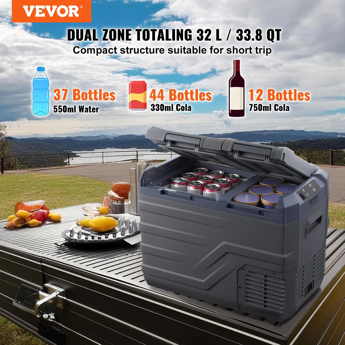 32L Car Refrigerator, 12V Car Fridge,Dual Zone Portable Freezer,-4℉-68℉ Range, 12/24V DC and 100-240V AC Compressor Cooler
