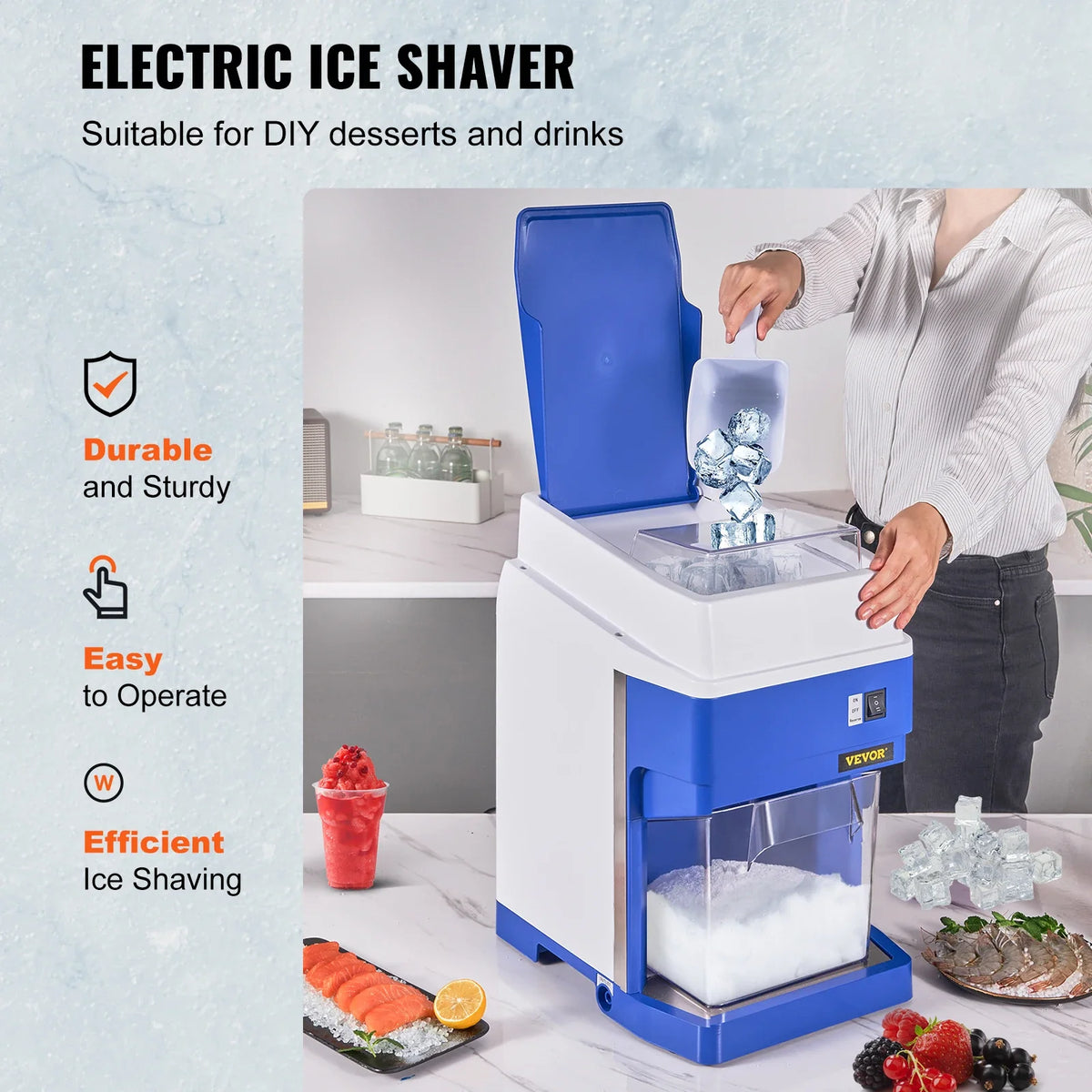 Commercial Ice Shaver Crusher, 265lbs Per Hour Electric Snow Cone Maker w/4.4lbs Ice Box, 650W Tabletop Shaved Ice Machine