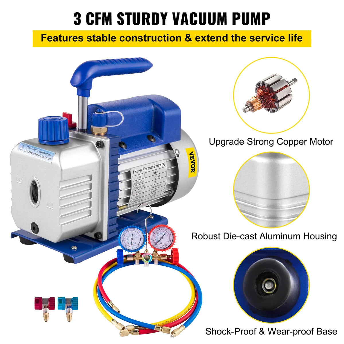 3CFM 1/4HP Single Stage Air Vacuum Pump HVAC R134a R12 R22 R410a A/C Refrigeration Kit AC Manifold Gauge R134 Can Tap