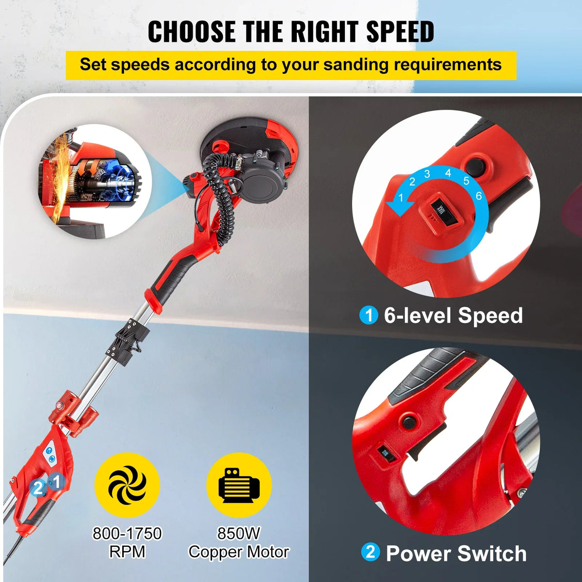 Drywall Sander 850W Electric Foldable Sheetrock Drywall Sander with Telescope Handle&Variable Speed Electric Wall Sander