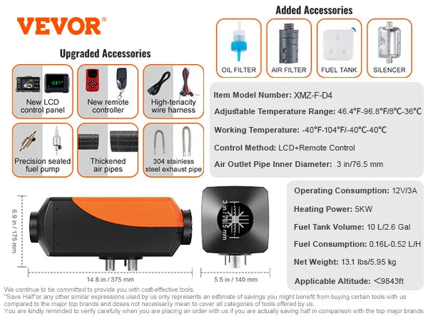 Diesel Air Heater, 12V 5KW Diesel Heater w/Remote Control & LCD, Diesel Parking Heater,Rapid Heating and Low Noise for RV