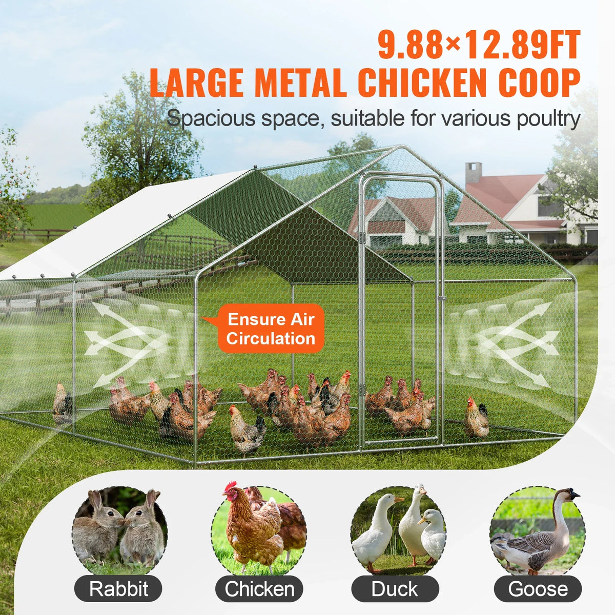 Large Metal Chicken Coop Walk-in Chicken Runs Spire Roof Hen House  for Outdoor Backyard Farm Duck Rabbit Cage Poultry Pen