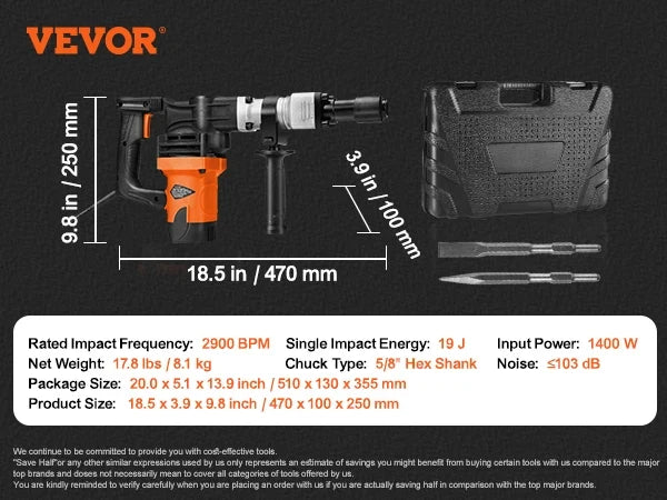 1400W Demolition Jack Hammer Electric Jackhammer Heavy Duty 2900 BPM Concrete Breaker 2pcs Chisels Bits Chipping