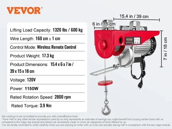 Electric Hoist 200-1000kg with Wired/Wireless Remote Control Lifting Crane Cable Hoist Winch for Boat Car Garage Elevator
