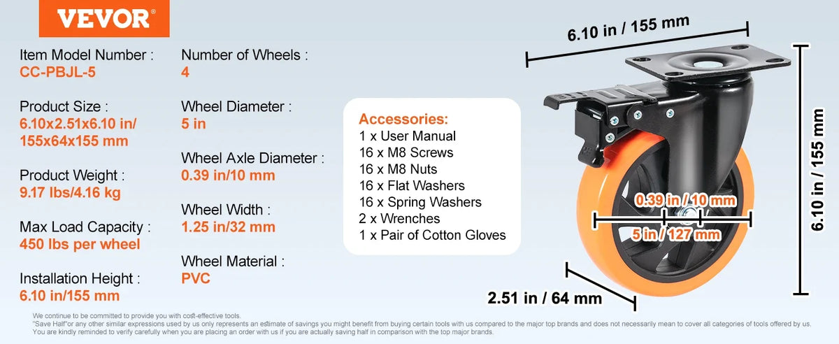 2/3/4/5/6-inch Swivel Plate Casters Set of 4 with Security Dual Locking PVC Caster Wheels for Cart Furniture Workbench