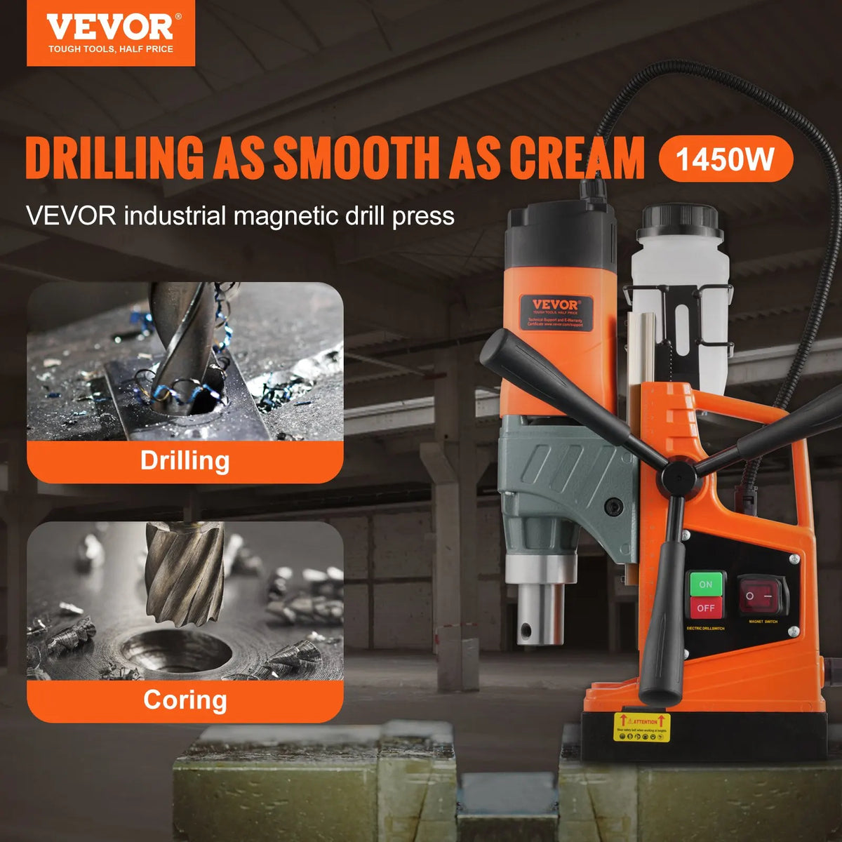 Magnetic Drill 1450W 1.57" 12500N Portable Electric Mag Drill Press Variable Speed Drilling Machine for  Home Improvement