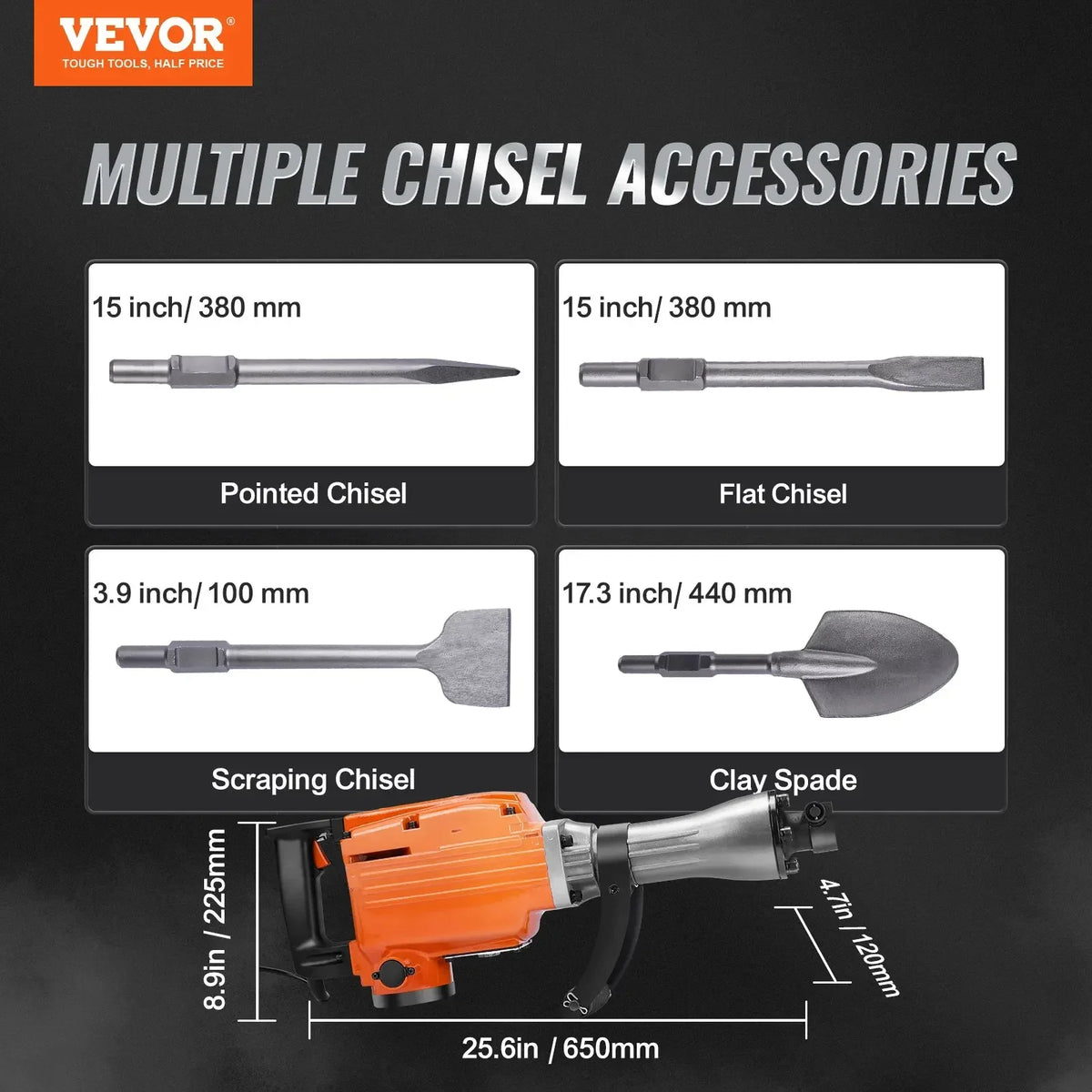 3500W Demolition Jack Hammer 60J Electric Jackhammer Concrete Breaker with 2 Chisel Bits for Trenching and Breaking Holes