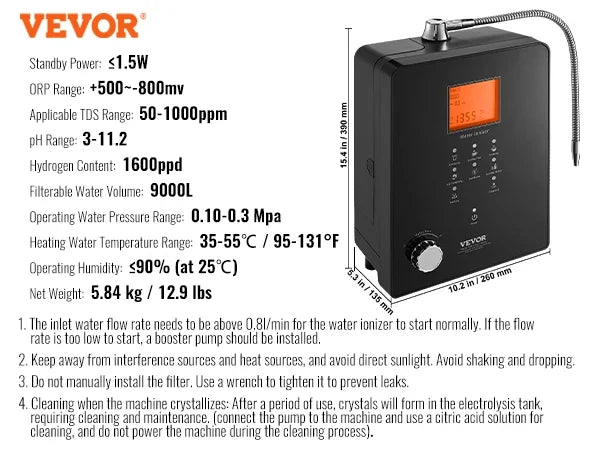 Alkaline Water Ionizer Machine, pH 3-11.2 Alkaline Acidic Hydrogen Water Purifier, 6 Water Settings Home Filtration System