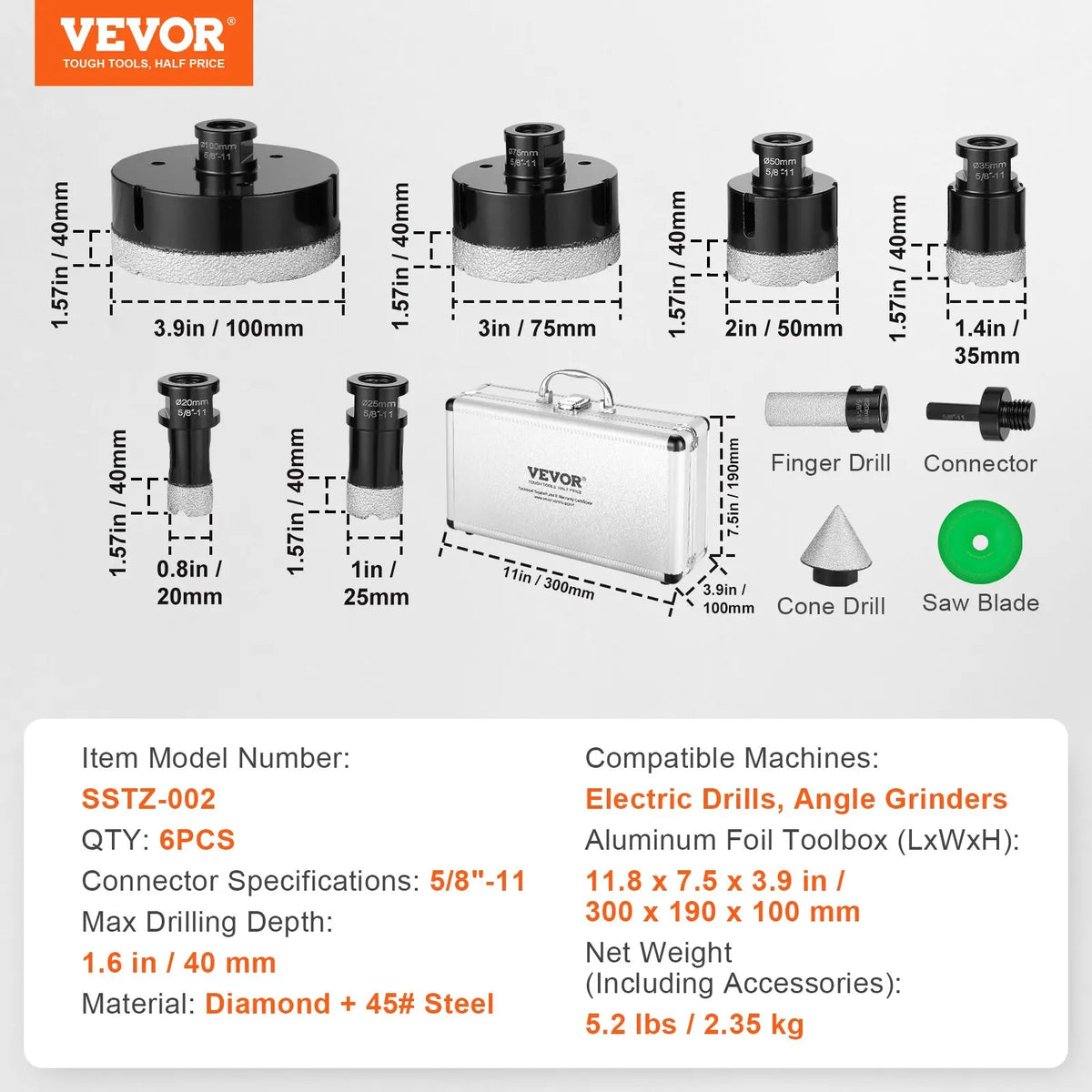 Diamond Core Drill Bit Set, 6/7/8/11PCS Diamond Hole Saw Kit, with 5/8"-11 Connector and Storage Case, for Dry and Wet