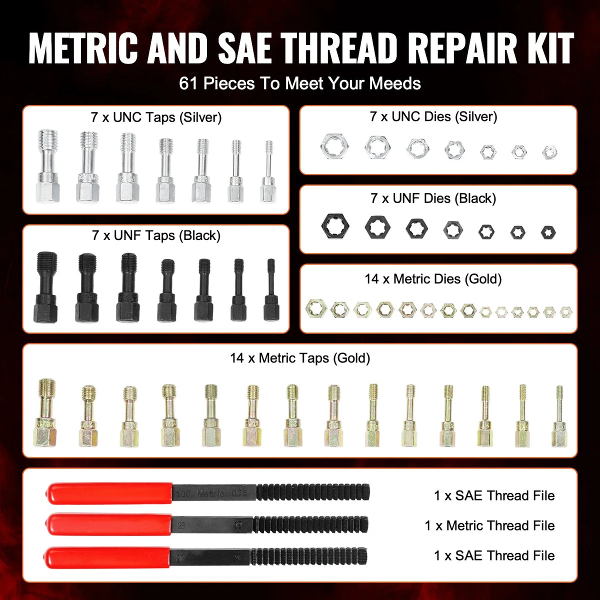Thread Chaser Set UNC UNF Metric Thread Restorer Tool Rethreading Tool Kit Heat Treated Steel for Mechanics DIY Enthusiast