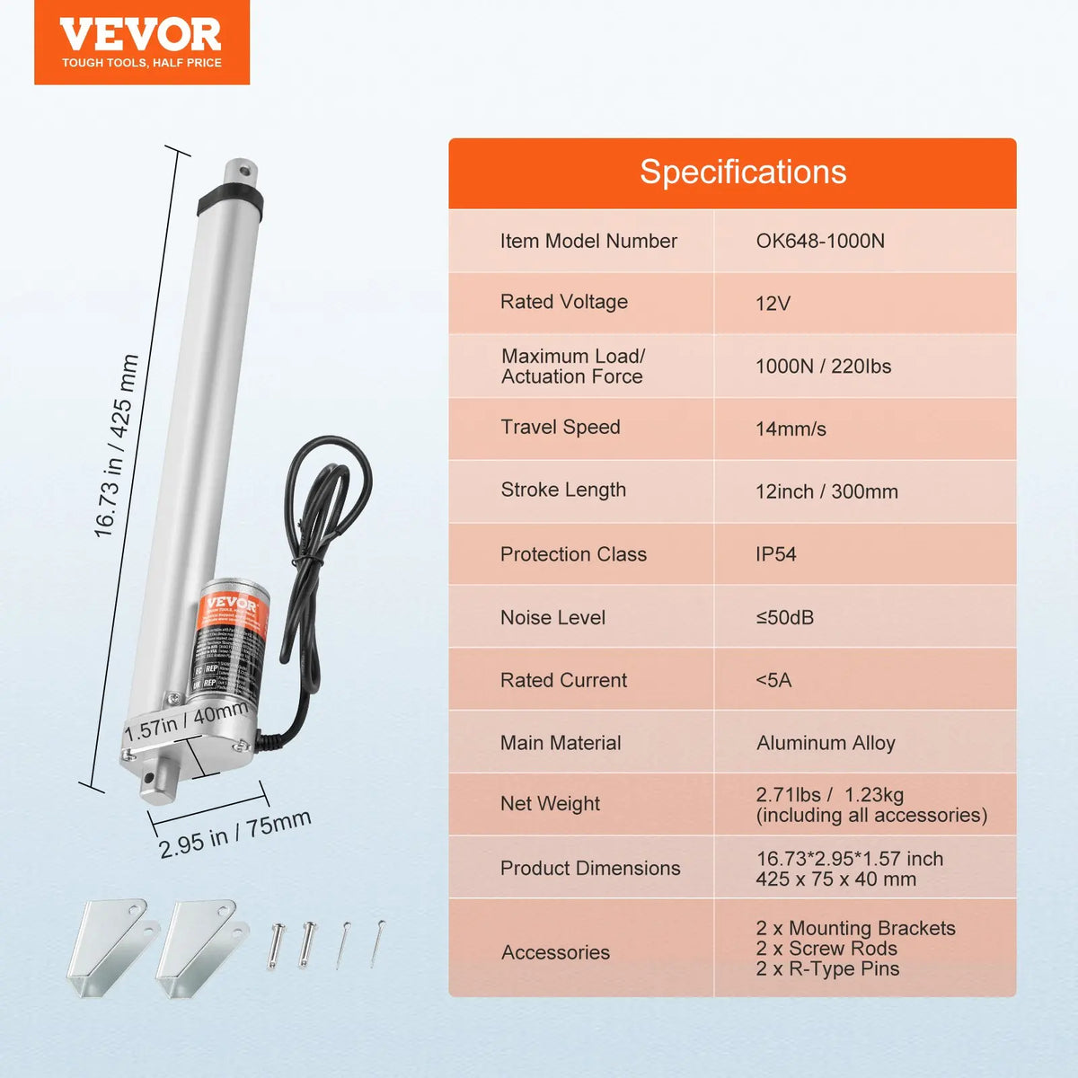 Linear Actuator 12V, 20 Inch High Speed 0.55"/s Linear Actuator, 220lbs/1000N Linear Motion Actuator with Mounting Bracket