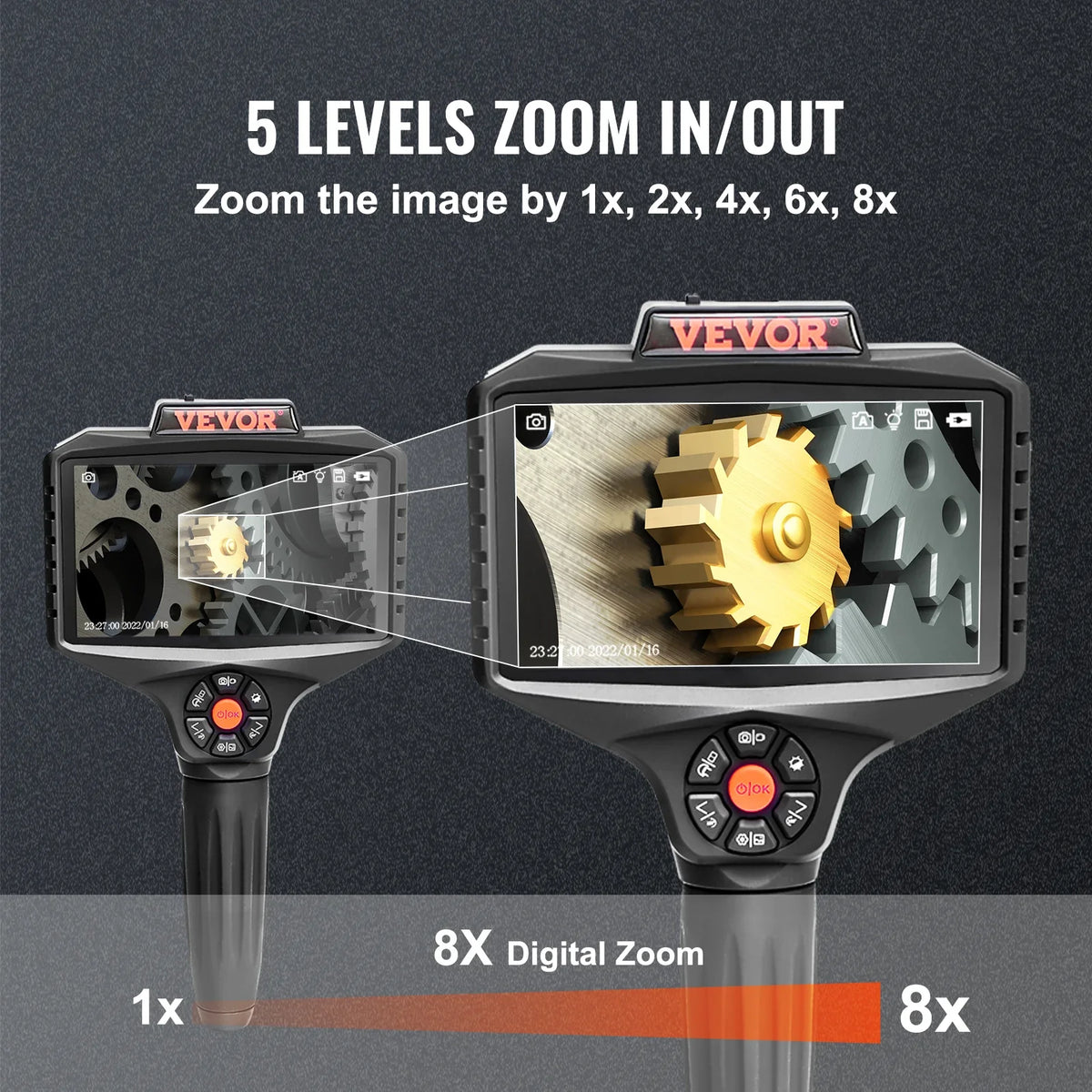 Triple Lens Borescope 5" IPS Screen Inspection Camera with Lights 8X Zoom 1080P HD Split Screen for AutomotivePlumbing