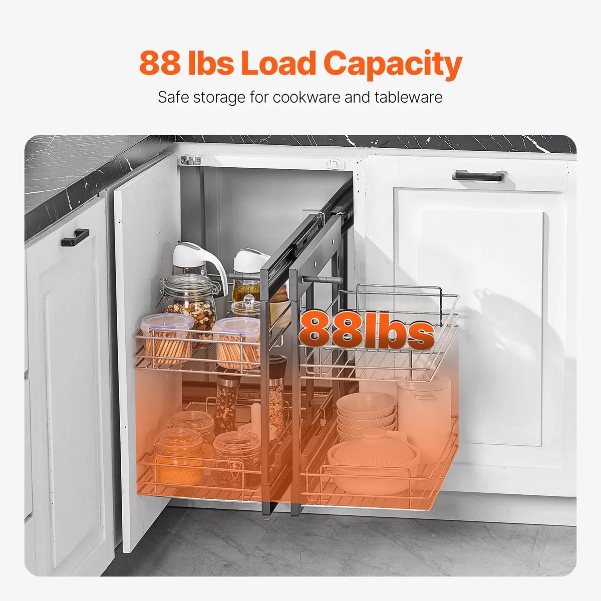15"W Opening Blind Corner Pull Out Organizer, 2 Tier 4 Shelf Kitchen Cabinet Organizer, Chrome Carbon Steel Storage Basket