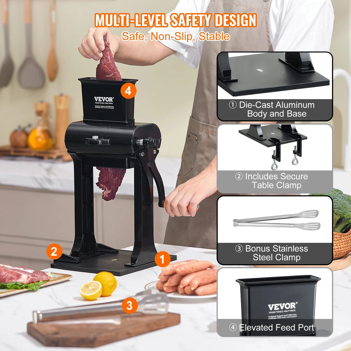 Commercial Stainless Steel Meat Tenderizer, Quick and Easy Manual Operation Kitchen Tool, 5.8" Feed Port for Beef, Turkey