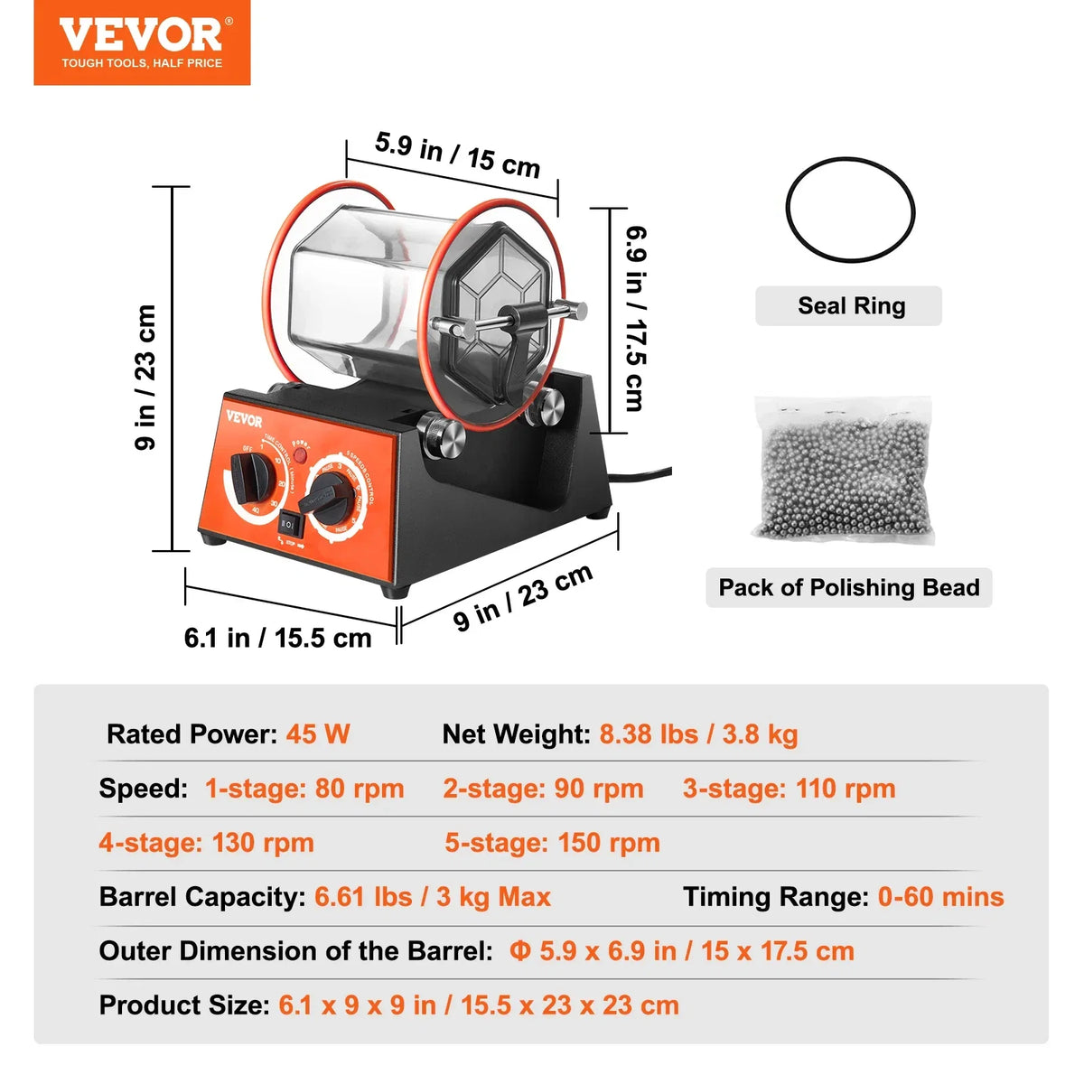 Rotary Tumbler Surface Horizontal Polisher 3kg5kg Mini Jewelry Drum Polishing Machine w/ 0-60 Minutes Timer Finishing Tool