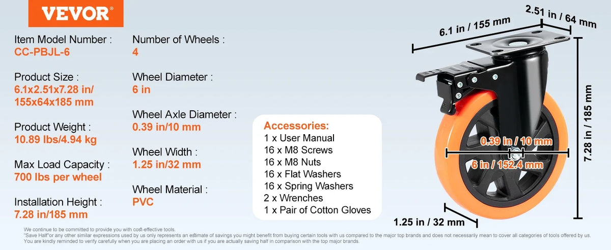2/3/4/5/6-inch Swivel Plate Casters Set of 4 with Security Dual Locking PVC Caster Wheels for Cart Furniture Workbench
