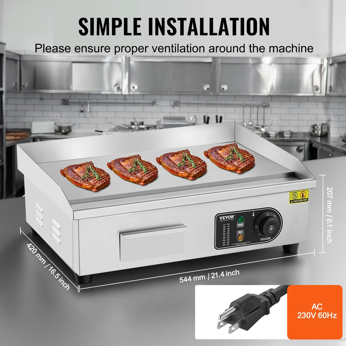 21.4In Commercial Electric Griddle,3200W Countertop Flat Top Grill,122℉-572℉Adjustable Temp,Stainless Steel Griddle Grill